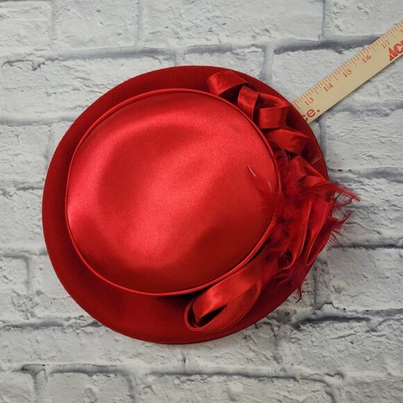 Red Wool Ladies Hat with Ribbon Trim & Feathers - Picture 13 of 16
